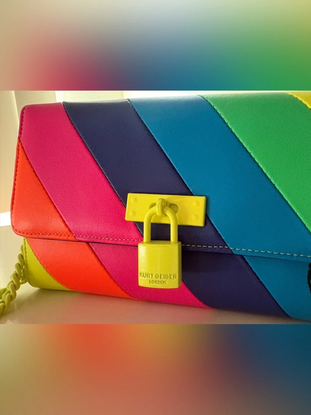 NWT Kurt Geiger London Brixton Chain Wallet Crossbody Bag – Neon Rainbow Stripe